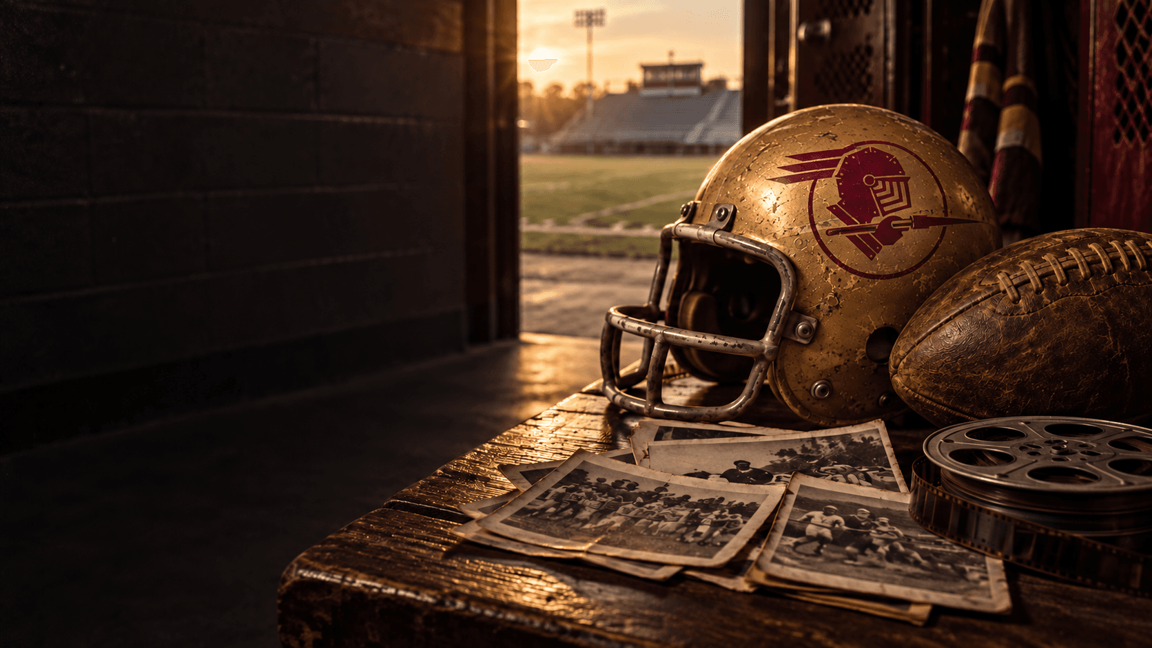 Vintage football helmet, football, and photographs in a warmly lit locker room