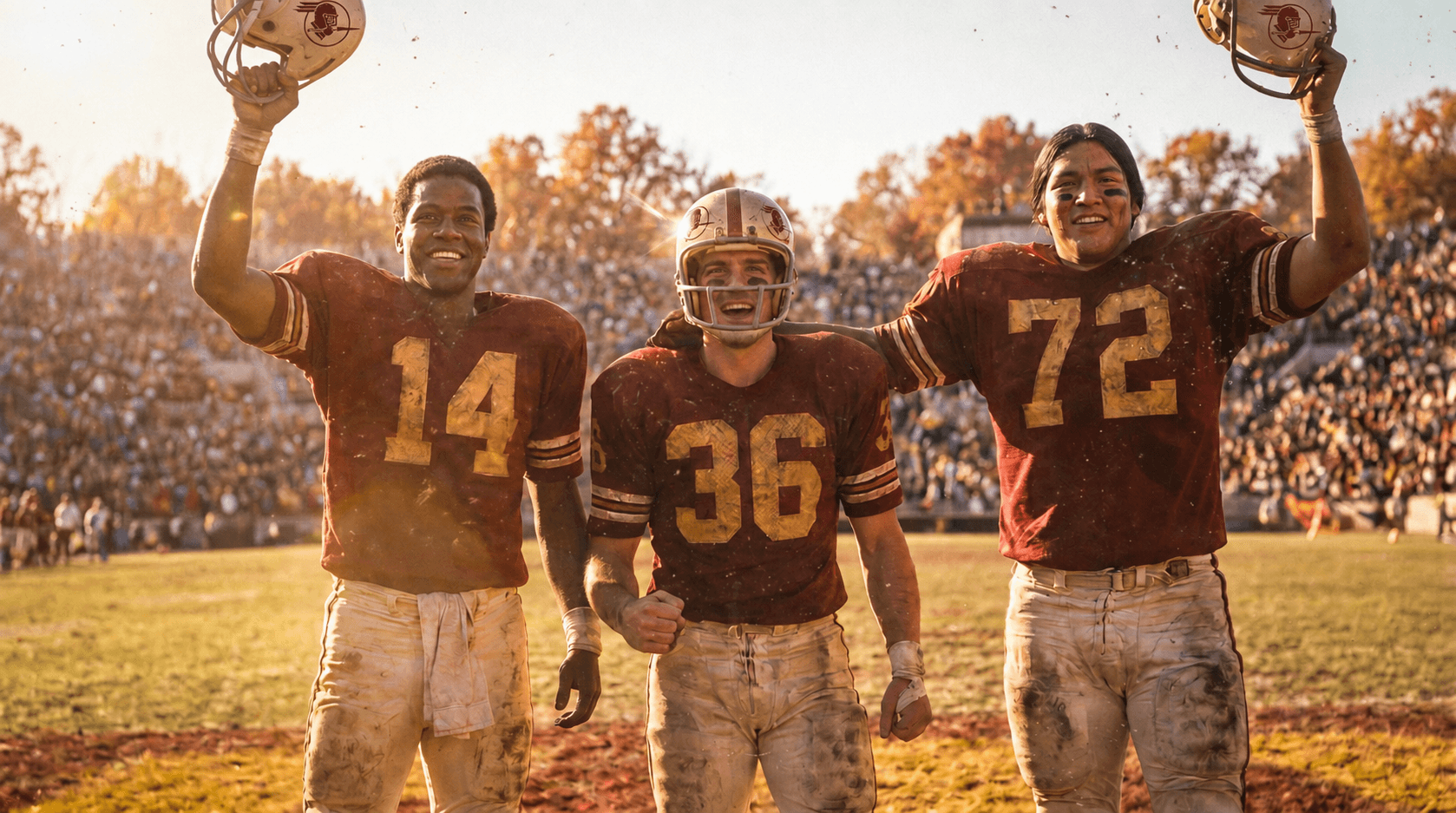 Three college football teammates in maroon and gold celebrating together on the field