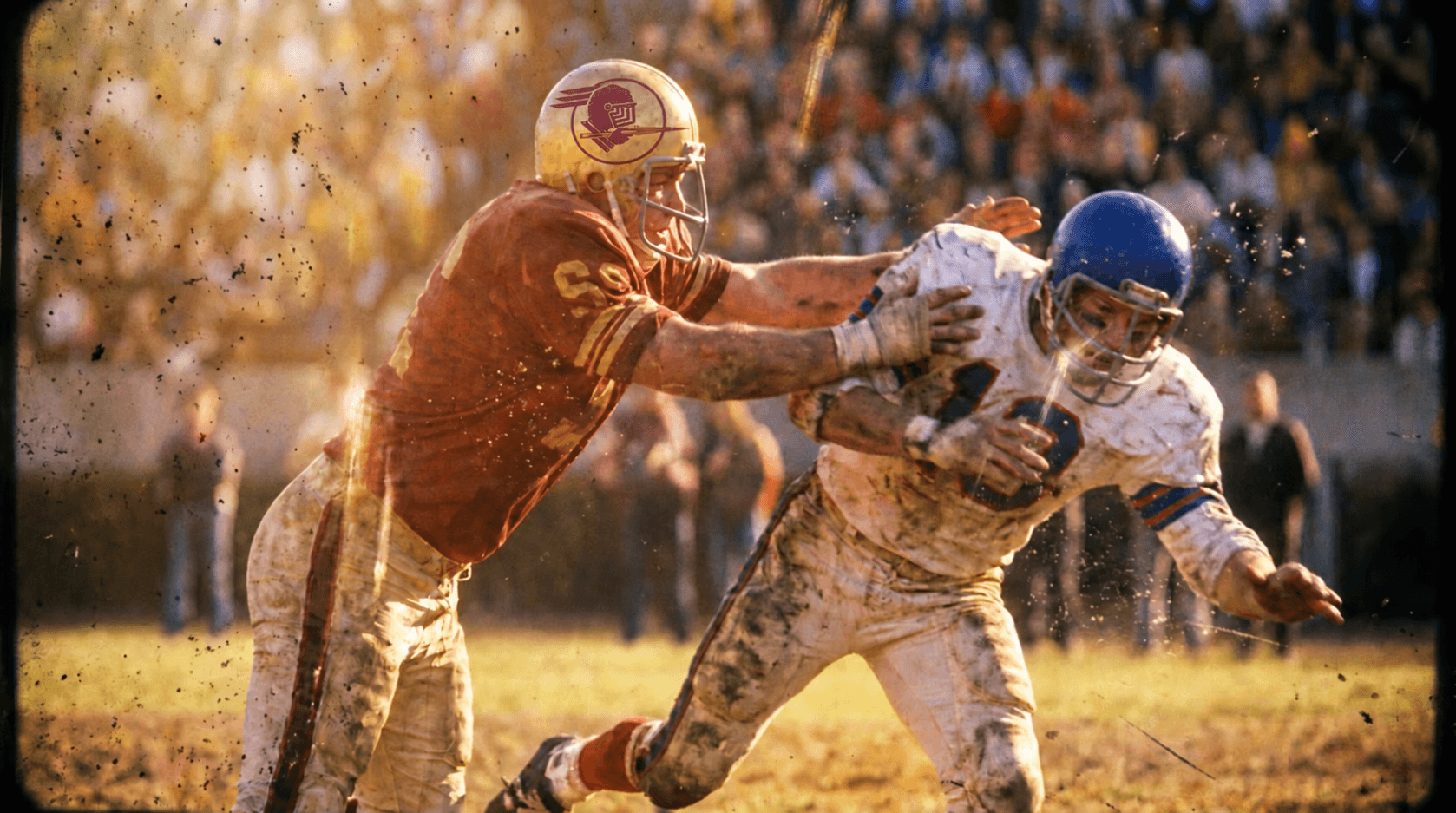 Maroon-and-gold Knights player tackling an opponent wearing a blue helmet
