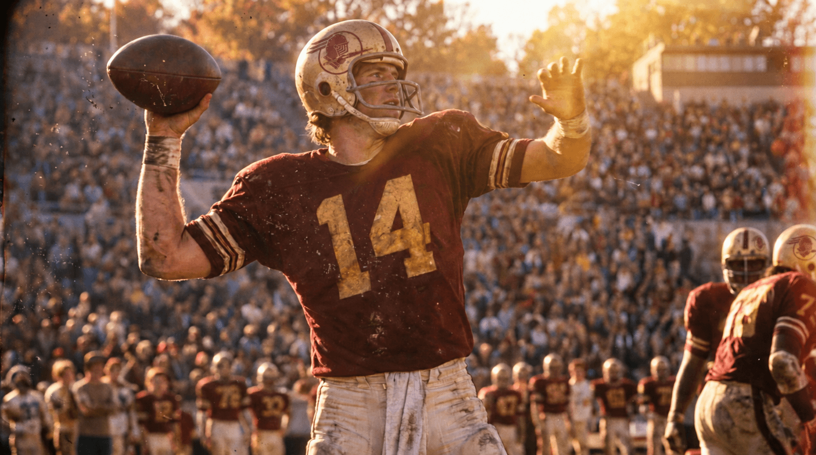 College football quarterback in maroon and gold preparing to throw a pass