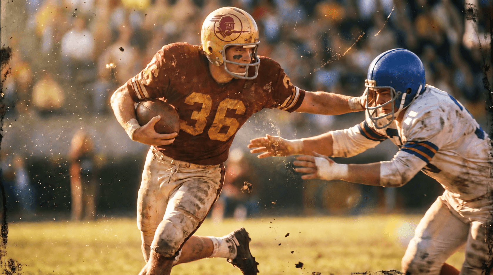 Knights running back in maroon and gold carrying the ball past a defender wearing a blue helmet