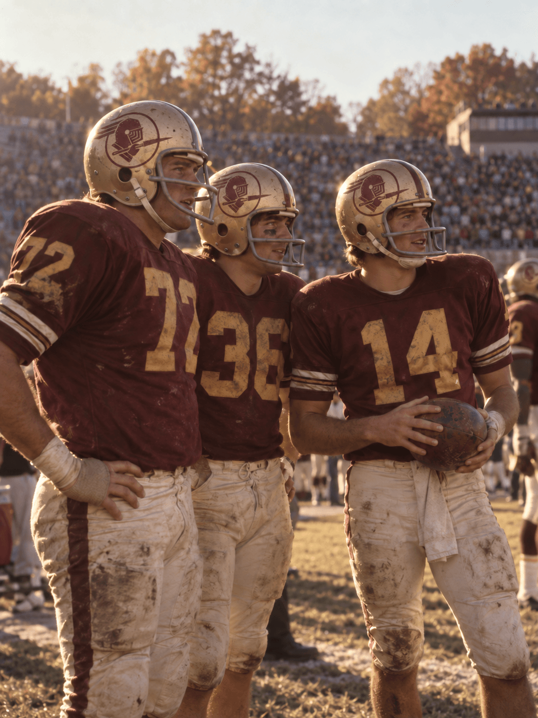 Retro-style illustration of college football teammates in maroon and gold on the sideline